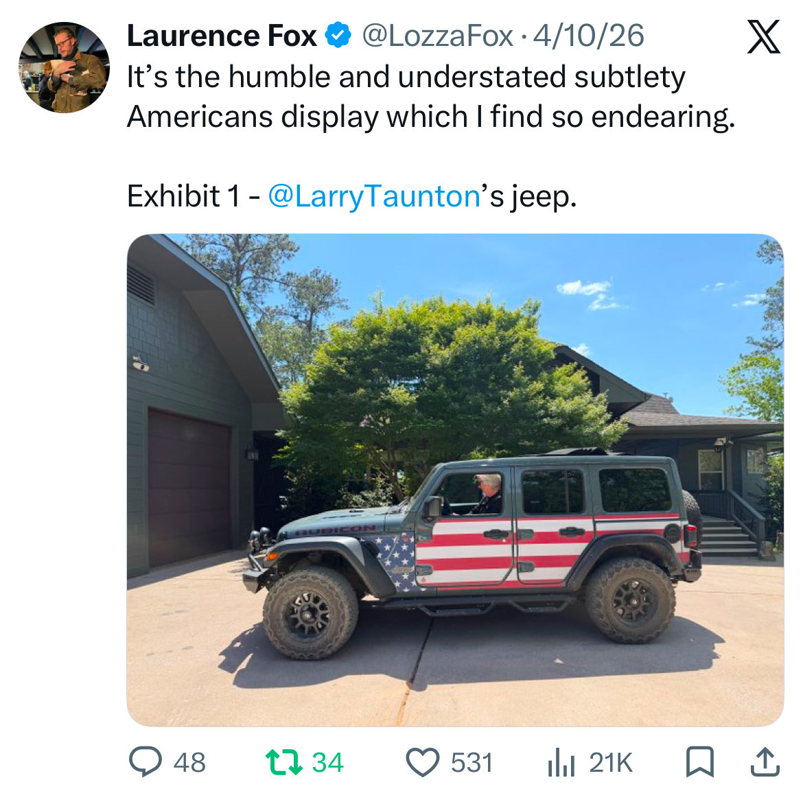 LarryTaunton's tweet photo. My Team America ride.

There’s nothing subtle about my patriotism. https://t.co/Xok9Qc3mwD