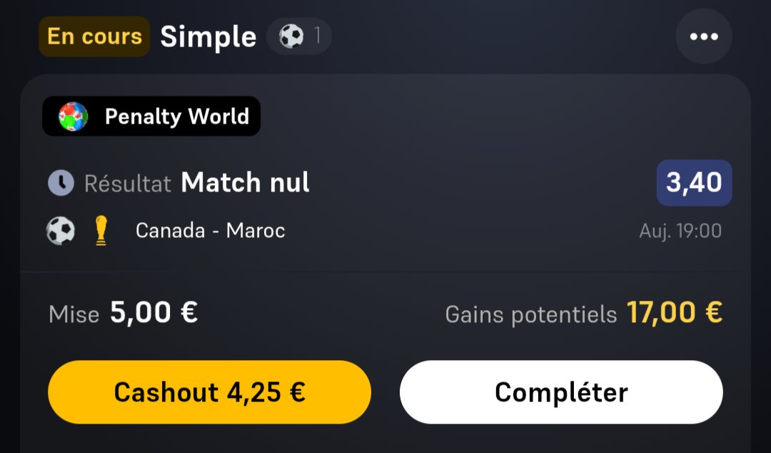 BetClem_'s tweet photo. PROMO PÉNALTY WORLD 🌍 04/07 🗓️

🇨🇦 Vs 🇲🇦
@3.00
@3.10
@3.40

Obligé de faire des combinaisons supplémentaires car comme par hasard J. David décisif n'est qu'à 2.90 (et non @3.00)... Diaz buteur ou passeur est également au-dessus de @3.00 mais après faut faire le bon choix et qu'il soit décisif.... Maroc logiquement favori pour moi donc ceux qui partent sur les scores et plein de combinaisons Maroc ou nul pour moi, courte victoire d'un but, après David peut toujours être décisif malgré tout.

Je suis têtu je continue car j'aimerai bien toucher la golden séance au moins une fois! Mais encore une fois oubliez pas le rappel d'en dessous 👇

🪧 Rappel : N'oubliez pas que ces pronos c'est pour tenter de valider la promo pénalty World (une cote @3 sur chaque match) d"où seulement 5€ de mise partout. Le but est d'essayer de faire 1/3 et qui sait peut-être toucher la golden séance sur la CDM a un moment. Cela reste des pronos + risqué et donc évidemment - de réussite. Hors la promo je ne les conseils pas forcément.

Début 19h00 🕖
❤️ Si tu soutiens 
#TeamParieur