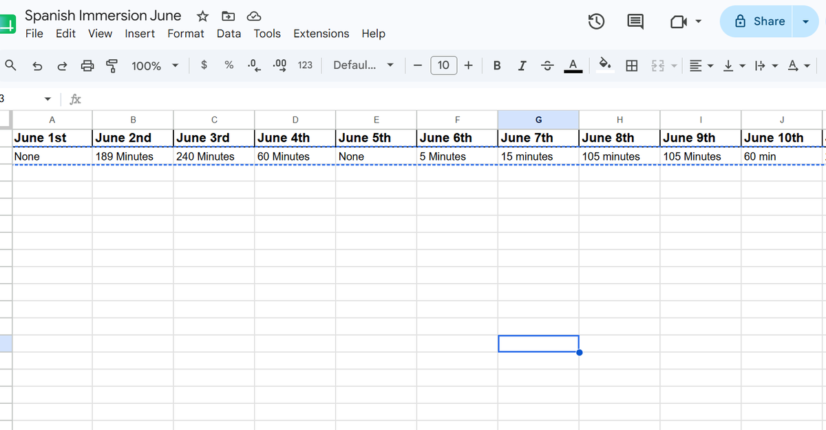 Chris__Gobin's tweet photo. I put google sheets on my phone home screen and at used a timer to track. Just added up my total for June and it was almost 30 hours of pure listening to Spanish. Very happy https://t.co/lxNEIOBGQ4