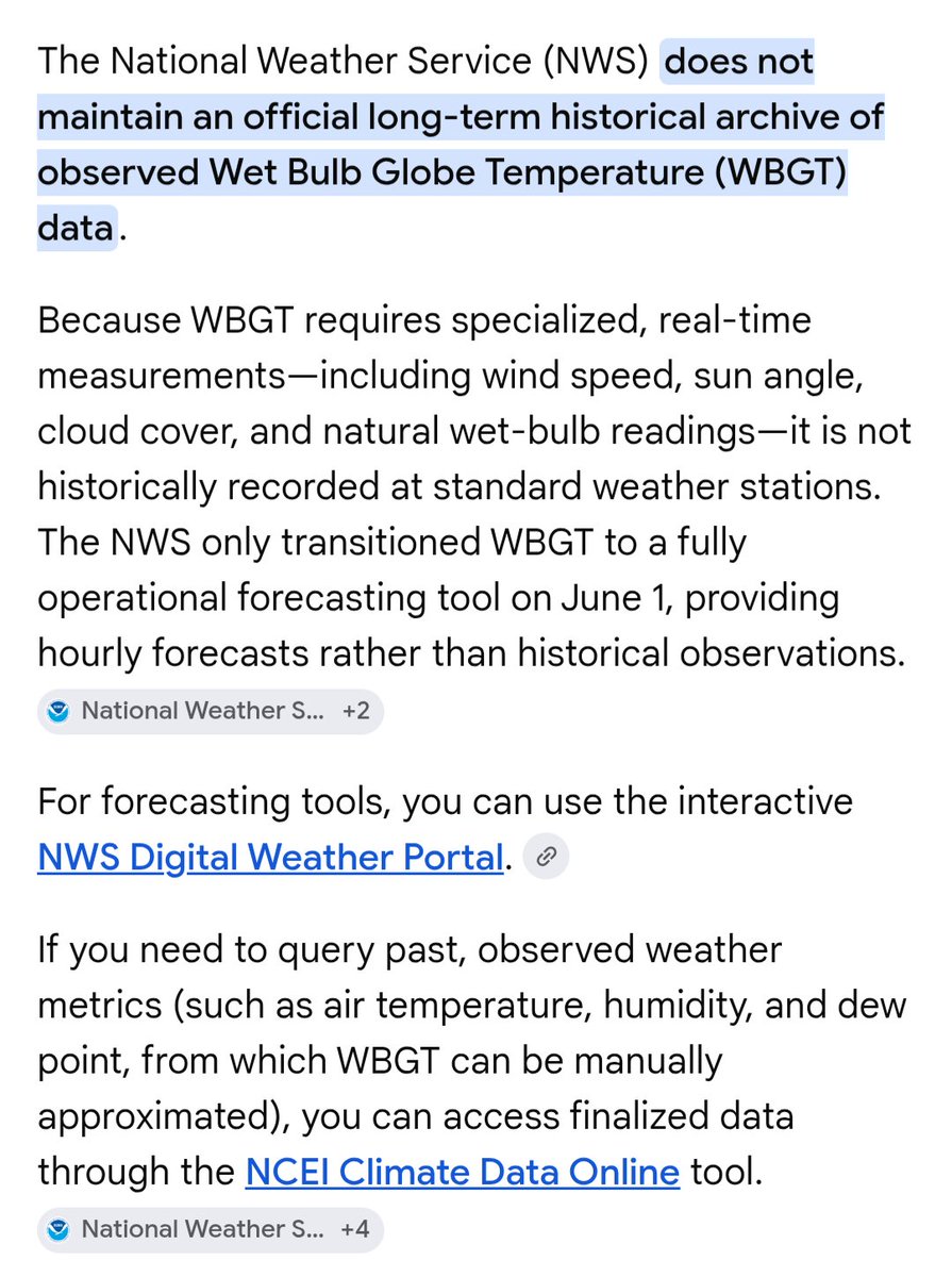 MarkSpitzer0484's tweet photo. Can you cite the source of this study? Because according to the National Weather Service, they don't maintain an archive of historical WBGT. It's strictly a forecasting tool for safety. Historical WBGTs can only be manually approximated--not calculated. So how can there be a record for an archive of data that never existed? We'll wait.