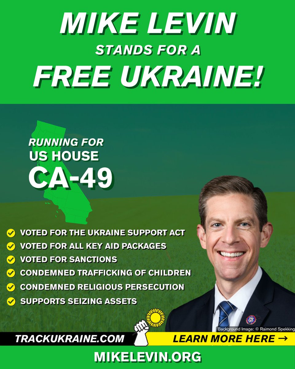 TrackUkraine's tweet photo. California district 49 congressman @MikeLevin has voted consistently to support Ukraine's self defense. 
✅Voted for the Ukraine Support Act
✅Voted for all key aid packages
✅Condemned trafficking of children
✅Condemned religious persecution
✅Supports Seizing Assets https://t.co/ljp3z8PwtC