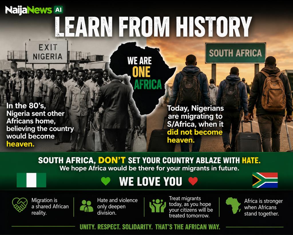 VcNdu's tweet photo. History teaches us: xenophobia solves nothing.

Nigeria tried it in the 1980s. Today, Nigerians are migrants too.

Let's choose unity over hate.

One Africa. 🇳🇬🤝🇿🇦🌍 #StopXenophobia https://t.co/4WuzxqJzRm