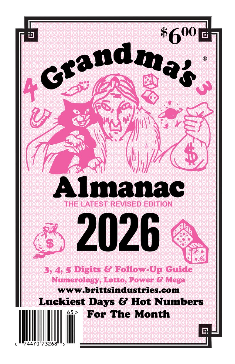 brittsind's tweet photo. 2026 Almanacs-Order Today      
Grandma's Alm $5 +$3 USPS=Total $8 Per Bk   #megamillions #powerball #scratchoffs #fllottery #galottery #nclottery #sclottery #mdlottery #valottery #dclottery #nylottery #njlottery #milottery #palottery #ohlottery #illottery #txlottery #calottery https://t.co/NP3XaYag02