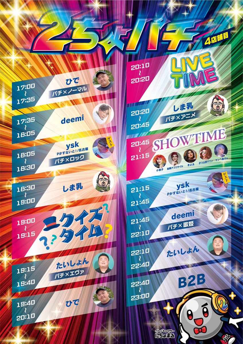 AiSOTOPE_LOUNGE's tweet photo. 🌟本日開催🌟
2026年7月5日(日)
２ちょパチ 4店舗目

OPEN 17:00 – 23:00
DOOR ¥3,500/1D
@NineMonsters  SNS割 ¥3,200/1D

DJ: しま乳, deemi, ysk,たいしょん,ひで
VJ: けんた,たいしょん
Queen: 小夜子, きよゑ, 加藤アゴミサイル, 子つぶ貝マリン, マンペ姐さん
FloorBoy: 啓助, たくと, ナツ, 悠,GNK
Staff: たていし
Photo: yU_Ti,こーき

🔽詳細
https://t.co/PNfa87COlD
@2cho_pachi