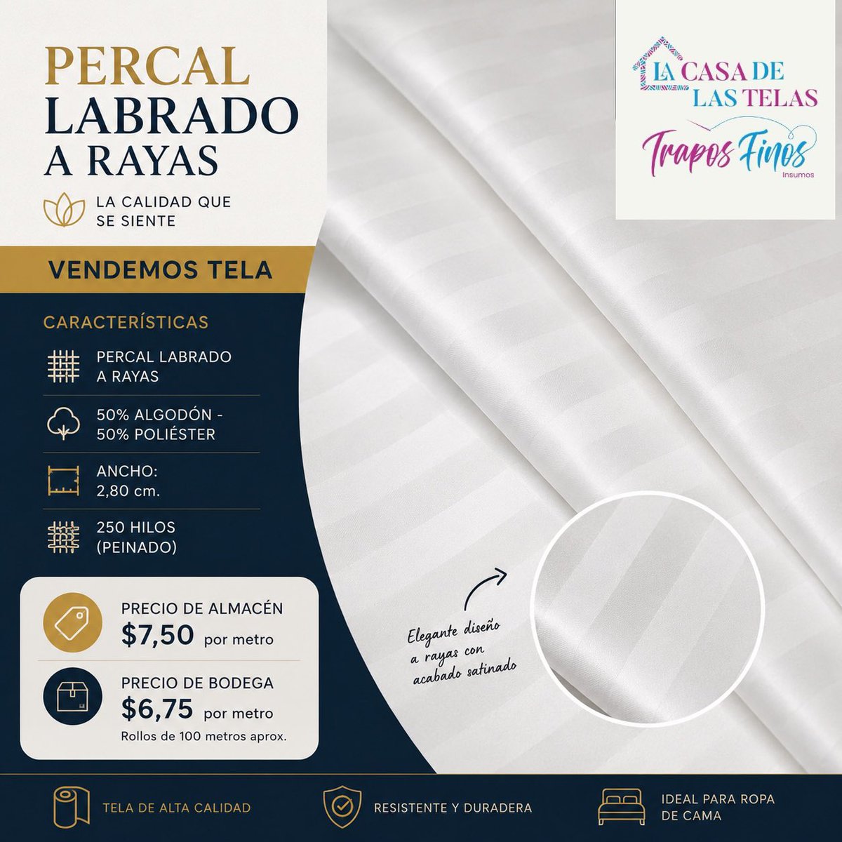 TraposFinos2's tweet photo. ✨Renueva tus espacios con nuestra exclusiva tela PERCAL LABRADO A RAYAS, ideal para la confección de juegos de sábanas y fundas de duvet con acabado tipo hotel ⭐️⭐️⭐️⭐️⭐️

🛏️ Características:
✔ Percal labrado a rayas
✔ 50% algodón – 50% poliéster
✔ Ancho: 2,80 m https://t.co/FmkR02oKWo