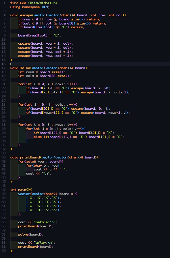 femrox9's tweet photo. #LSPPDay34 Today, I solved the Surrounded Regions problem using recursive flood fill, escaping all border connected O cells first then flipping the remaining trapped ones to X. #LearningWithLeapfrog #60DaysOfLearning2026 @lftechnology https://t.co/pe4Q5usIpT