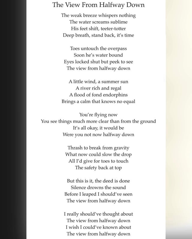 Zandorv's tweet photo. @145k4 The View From Halfway Down by Alison Tafel, from Bojack Horseman. I think about it whenever I'm struggling with suicidal thoughts https://t.co/XRZMl4f7d8