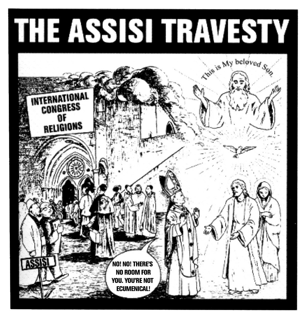 ChristineNiles1's tweet photo. In Oct. 1986, Abp. Lefebvre produced two cartoons mocking Pope St. John Paul II - the first showing him denying Our Lord entry into Assisi, the second showing Our Lord denying the pope entry into Heaven, while Satan is waving the pope over to Hell.

Bishop Richard Williamson confirmed their provenance: "These pictures were conceived by Archbishop Lefebvre." (The Ridgefield Letters, Vol. I, p. 166)

Tragic irony that one ended up excommunicated, the other canonized.