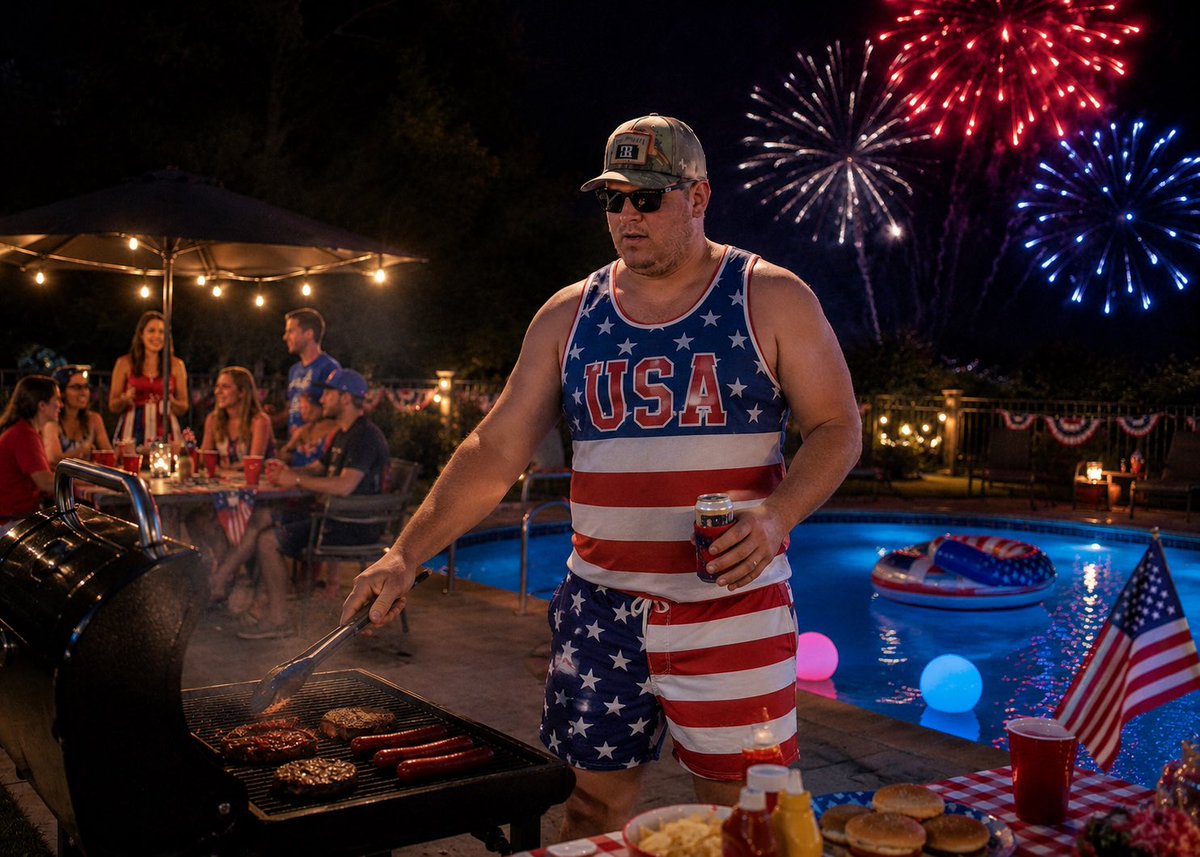 CoachJTGlen's tweet photo. Today's playbook: 

✅ Fire up the grill 🍔
✅ Hit the pool 💦
✅ Watch the fireworks 🎆
✅ Wear the most patriotic swim trunks possible 😎

Happy 4th of July! 🇺🇸🎆 https://t.co/NUPXF3gUGb