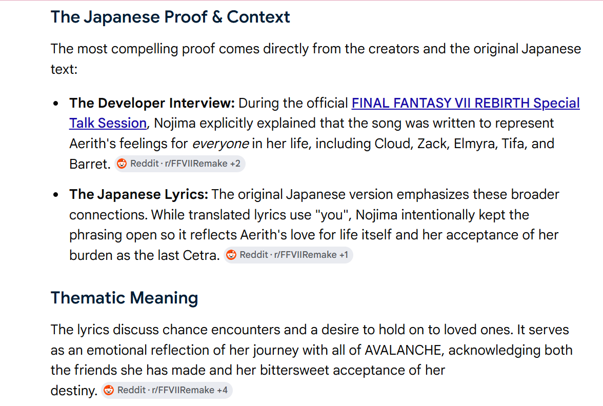 Ashley30998065's tweet photo. Remake: #Hollow is about #Cloud losing something important to him, his identity as well as losing #Zack the setting is a barren wasteland surrounded by rain. 
Rebirth: #NPTK #Aerith song is singing about Zack, both her mothers, Tifa, Cloud, Barret: Everyone she loves. #FF7R https://t.co/HyahieYWcd