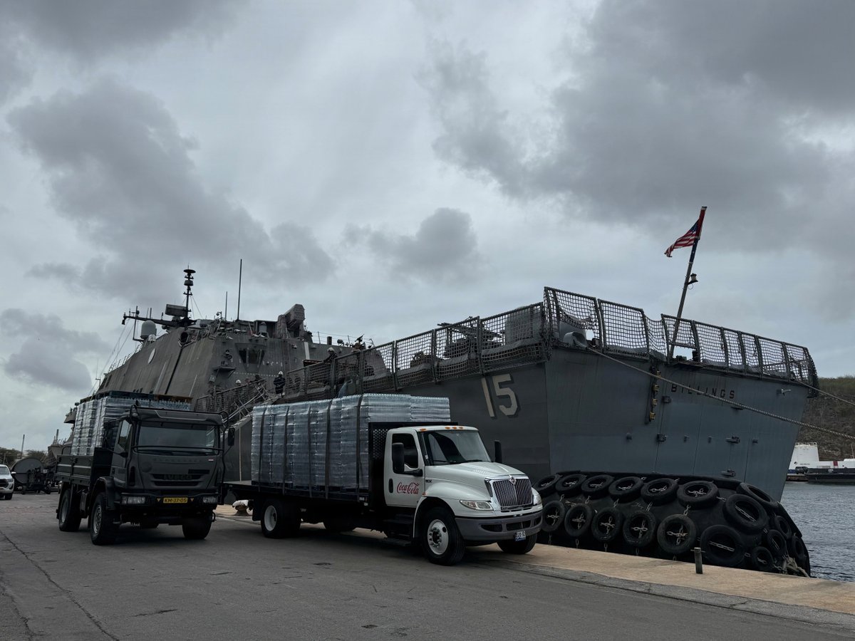 Southcom's tweet photo. Working with our partners in Curacao for earthquake relief:
@USNavy Sailors load water donated by the Netherlands aboard the littoral combat ship USS Billings (LCS 15) while moored in Willemstad, Curaçao, July 3, 2026. The Netherlands-hosted logistics hub in Curaçao has been vital to U.S. military efforts to get assistance to the people of Venezuela.

At the direction of #SOUTHCOM, U.S. forces are supporting @StateDept-led U.S. government relief operations following the devastating earthquakes that struck the nation on June 24, 2026.

@DeptofWar @WHAAsstSecty @USForeignAssist @USAenEspanol @usembassyve