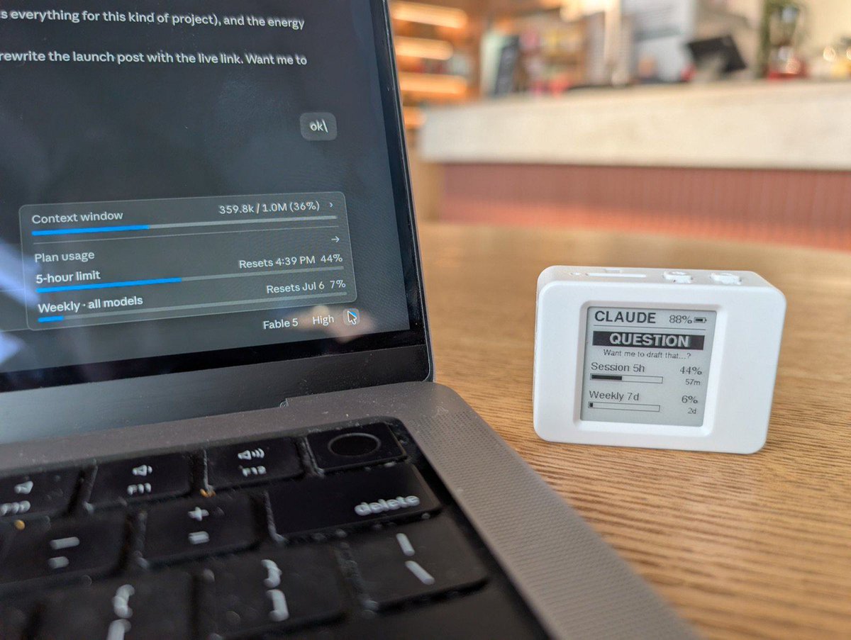 nsyll's tweet photo. @cnxsoft @ai_anthropic @Waveshare00 Loved it so much I built the e-ink cousin 🦀 Same meters, plus it rings a bell when Claude Code needs you, asks a question, or finishes — and e-paper means ~a week per charge. https://t.co/4qhQpEVEAK https://t.co/O17eiIYSig