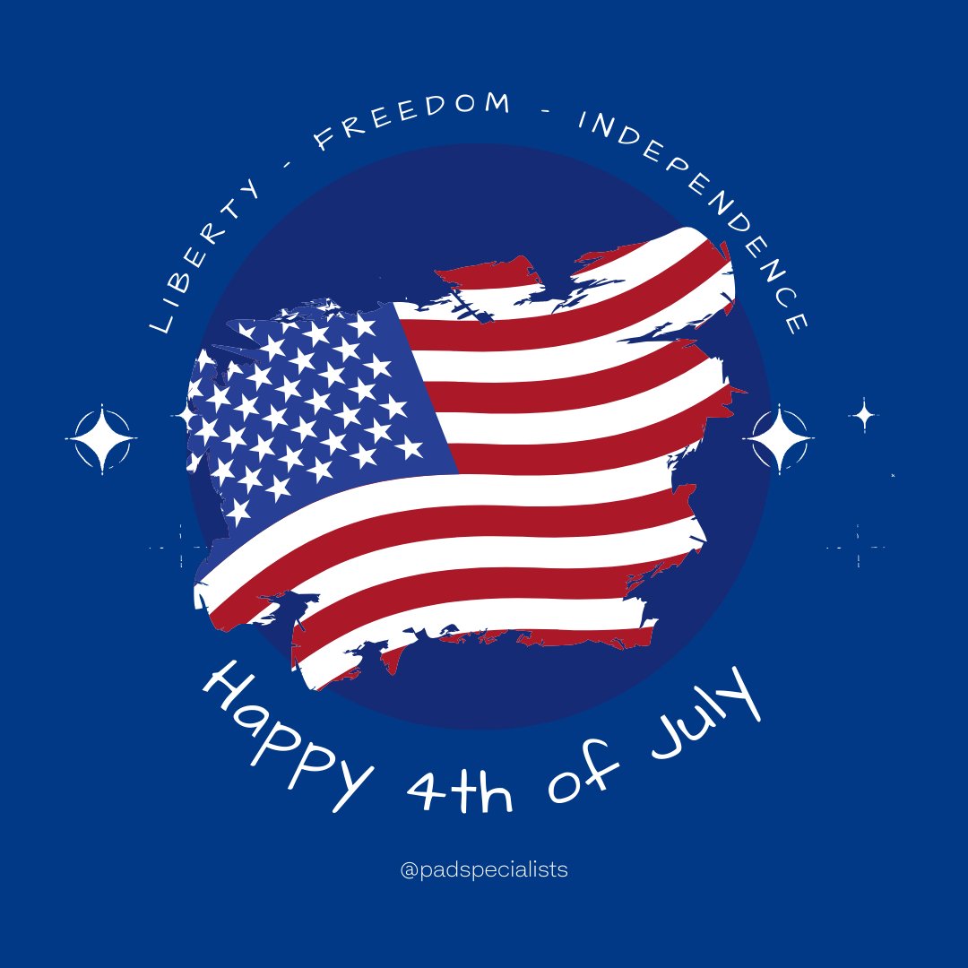 PADspcs's tweet photo. From all of us at PAD Specialists, wishing you a happy Fourth of July filled with joy, celebration, and gratitude for the freedoms we cherish. 🎆🇺🇸 #IndependenceDay #PADSpecialists #CelebrateFreedom https://t.co/6Qf7jTUX9T