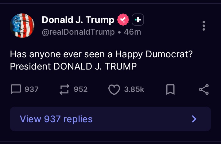 AudreyMirindi's tweet photo. 😂 "Has anyone ever seen a happy Democrat?"; President Donald Trump.
That's quite the question! 😄 Do you think he was joking, making a political point, or both? What's your take? 👇
#Trump #PresidentTrump #USA #Politics #TruthSocial https://t.co/vE5oFOhrjQ