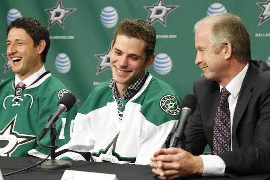 DallasStarsDDH's tweet photo. The Dallas Stars made two trades 13 years ago today 

Trade - 1 
Dallas Receives - Tyler Seguin, Rich Peverley, Ryan Button
Boston Receives - Loui Erikkson, Joe Morrow, Reilly Smith, Matt Fraser

Trade - 2 
Dallas Receives - Shawn Horcoff
Edmonton Receives - Philip Larsen, 2016 7th Round Pick
#TexasHockey