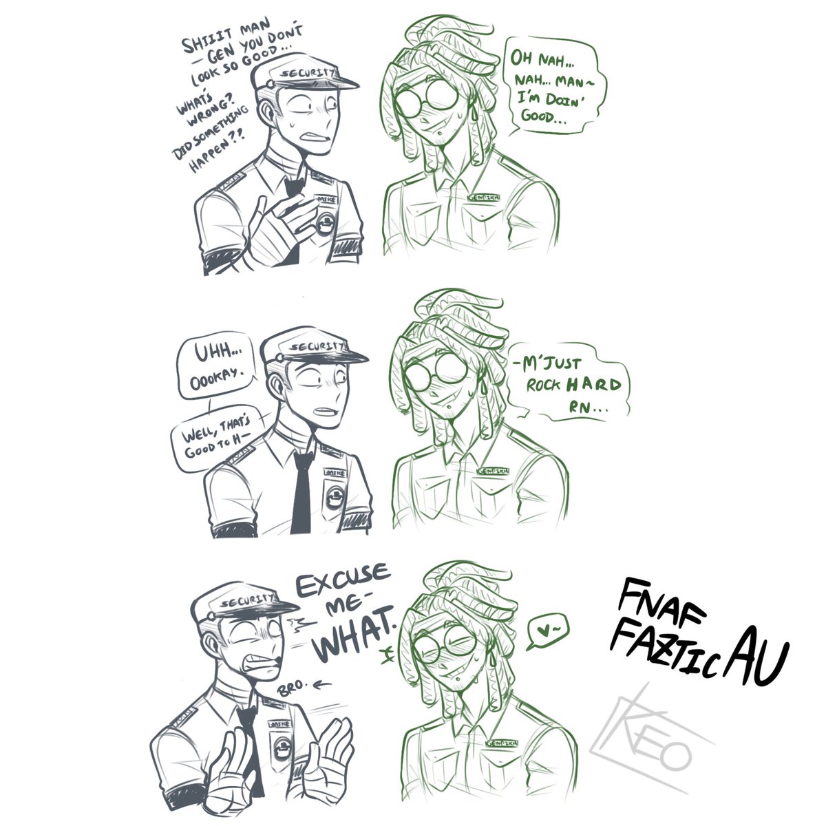 KEOStudioTMZ's tweet photo. Gen pls - 
Pls calm yo ass down you’re at work bro DAMN- 🤡💚🤚 

*Cackles from Laugh*  

#FNAFFazticAU #FNAFAU #FNAFOC https://t.co/9IwpPRJR4I