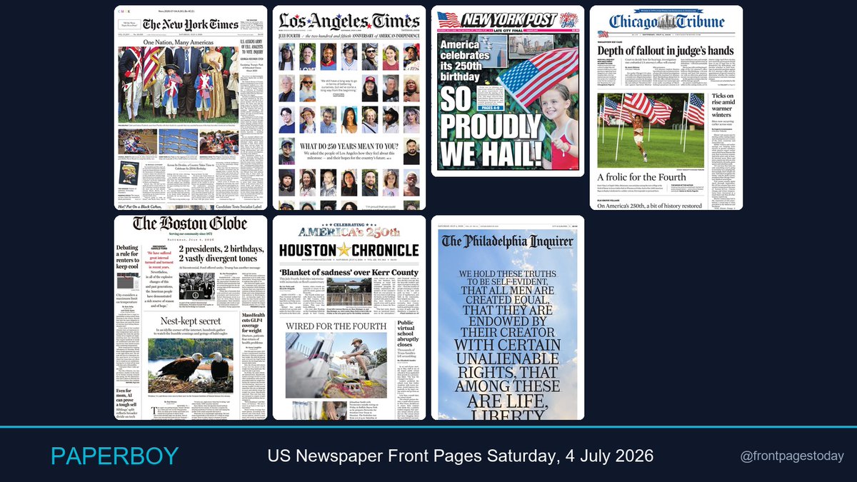 frontpagestoday's tweet photo. Same story, different spin: How US front pages covered today's top story: The Semiquincentennial Anniversary ๐งต
The United States is marking the 250th anniversary of the Declaration of Independence.
#frontpages #usnews https://t.co/qkHAwTdt4v