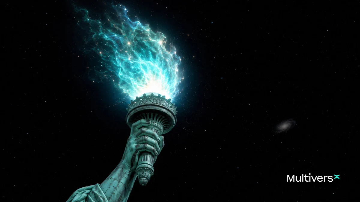 The Statue of Liberty's torch emits vibrant blue flames against a starry backdrop, symbolizing inspiration and change.