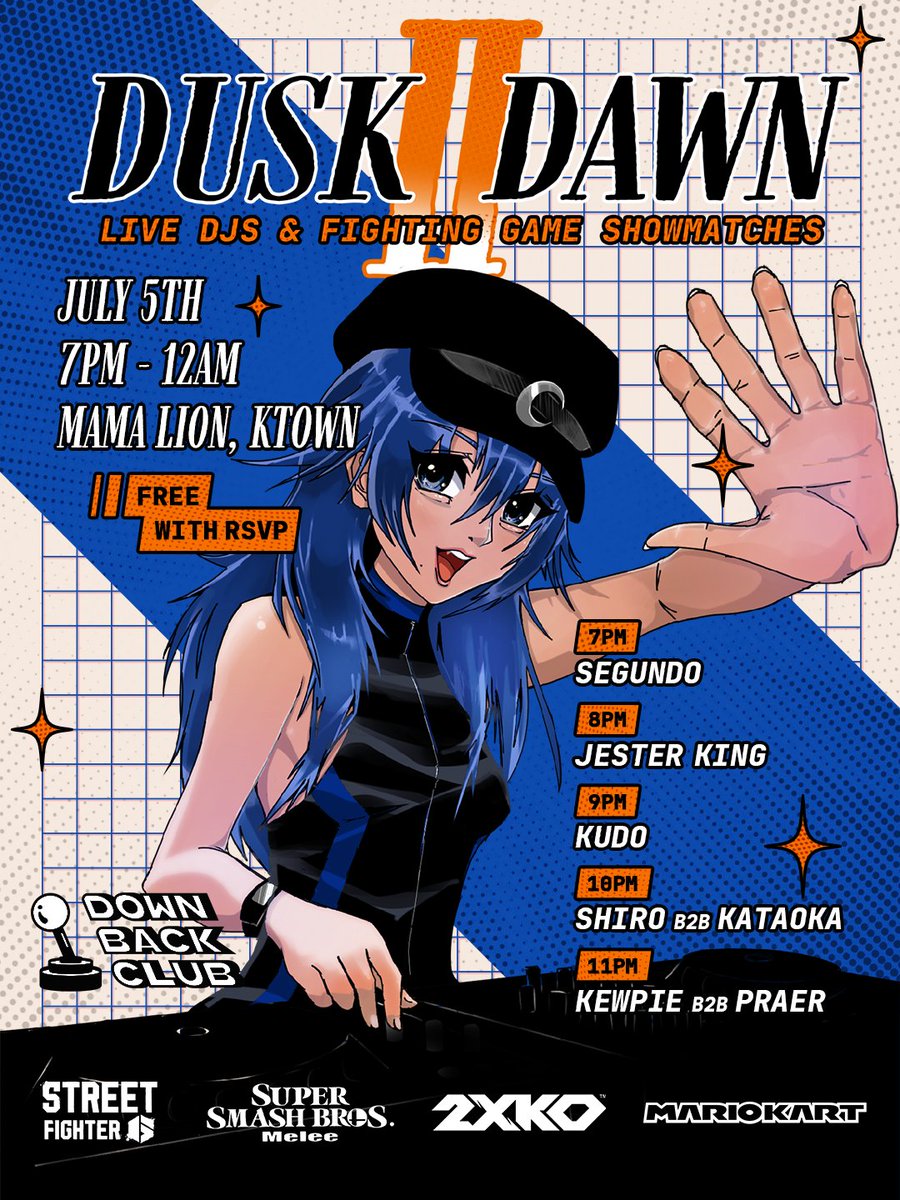 DownBackClub's tweet photo. 📢 #AnimeExpo Afterparty TOMORROW NIGHT in Koreatown

Live DJs and pro fighting game showmatches all night long

Doors open at 7pm -- Come party with us after #AX2026 closes

No badge required! FREE ENTRY with RSVP

details below 👇 https://t.co/OYK65sPSxx