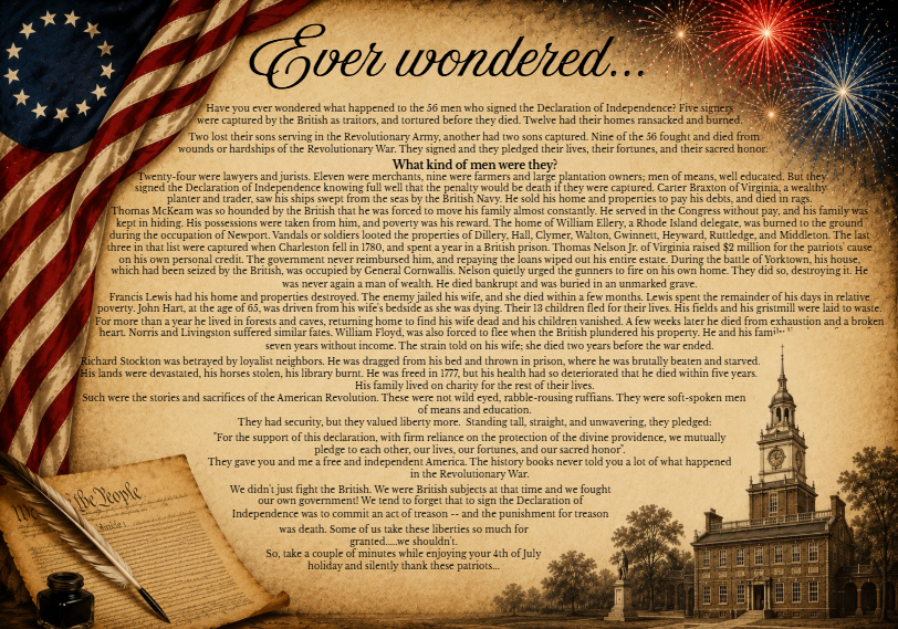 BeavsOfSoCal's tweet photo. I wrote this nearly 30 yrs ago for Marines after realizing many knew little about the sacrifices made by the 56 men who signed the Declaration of Independence
It has been shared around the country, printed in newspapers even claimed by others
Every July 4th, I share it again https://t.co/SZuno1rTe1