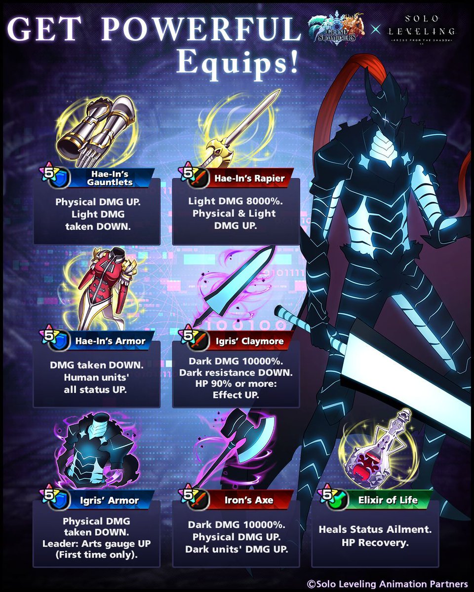 GRDSMN_GLOBAL's tweet photo. More fantastic Equips became available to Summon in the second part of the Solo Leveling Crossover Event! ⚔️

They include Igris' Armor, which can reduce incoming Physical DMG while also providing an instant Arts gauge charge for the Leader!

#SoloLeveling https://t.co/BrIV8hlHHF