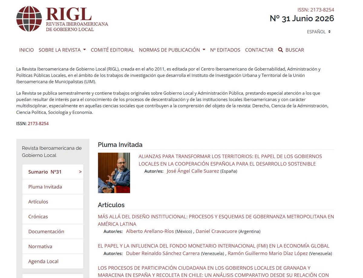 uimunicipalista's tweet photo. 📢 Publicada la edición Nº 31 de la Revista Iberoamericana de Gobierno Local #RIGL.
Conocimiento, investigación e innovación para fortalecer la gestión pública local en Iberoamérica.
¡Lee, comparte y difunde!
🔗https://t.co/YJ2xxY8KcZ https://t.co/Dtlu5MRYbB
