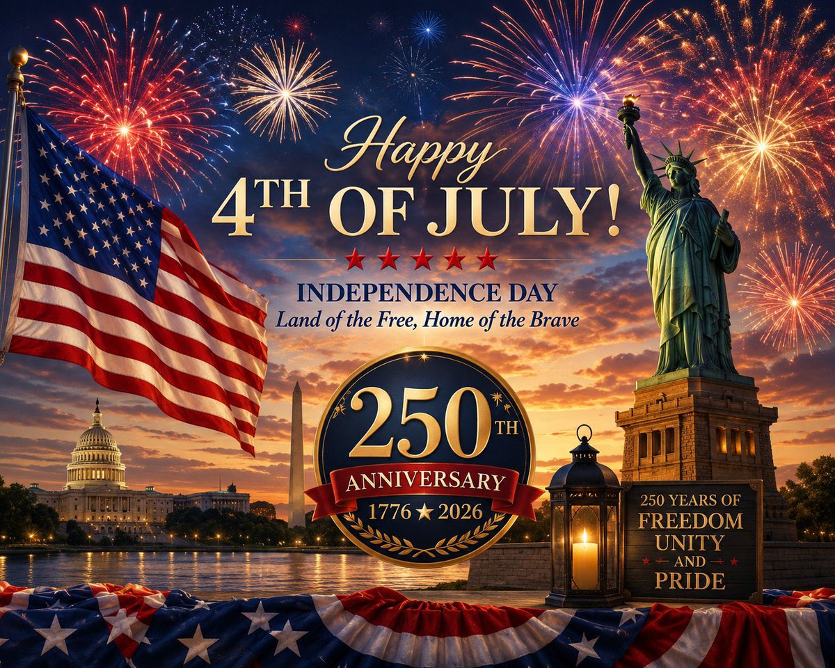 SBUVPAD's tweet photo. Happy Independence Day.‼️🇺🇸 Today we celebrate our nation’s 250th birthday. We honor the brave men and women who have defended our freedom and those who stand ready to protect our homeland. Wishing everyone a safe and happy 4th of July! 
🇺🇸🇺🇸🇺🇸🇺🇸🇺🇸 #4thofJuly
 #IndependenceDay https://t.co/U8S2Gzlhhe