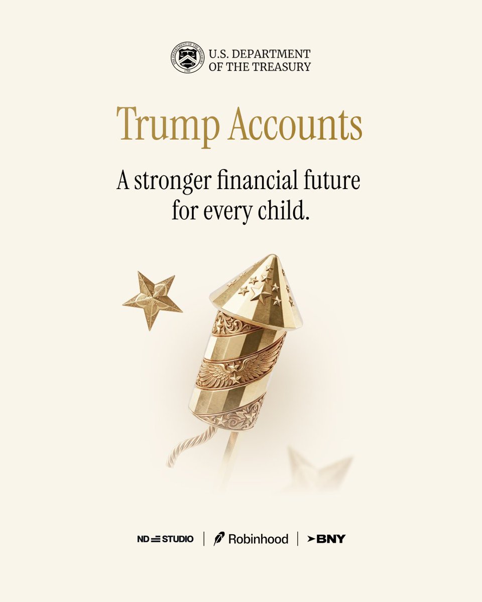 TrumpAccounts's tweet photo. Happy Birthday, America! 🇺🇸

The greatest birthday gift is here—Trump Accounts are officially LIVE!

Open your account today, invite family to contribute, and get ready to Jumpstart the American Dream when the markets open on Monday. https://t.co/cwDTLvnCU6