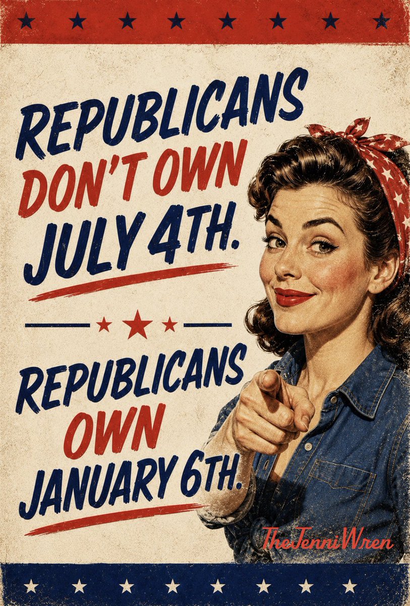 TheJenniWren's tweet photo. Happy Fourth of July. 🇺🇸

Republicans don’t own July 4th.

They don’t own the flag, patriotism, or America.

Democracy belongs to all of us. The Constitution belongs to all of us.

Celebrate freedom today. Then fight to protect it tomorrow.

Real patriots defend democracy❤️🤍💙 https://t.co/BY43de3U5i