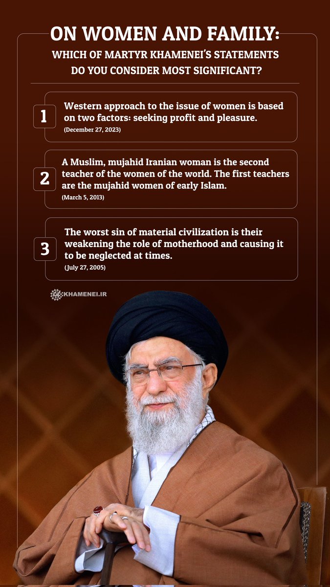 khamenei_ir's tweet photo. On women and family:
Which of Martyr Khamenei's statements do you consider most significant?

1/2 https://t.co/fvKikMYjWJ