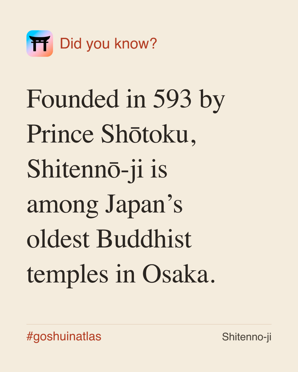 GoshuinAtlas's tweet photo. Shitenno-ji (四天王寺), Tennoji, Osaka.

Did you know? Founded in 593 by Prince Shōtoku, Shitennō-ji is among Japan’s oldest Buddhist temples in Osaka.

📍 Tennoji, Osaka
https://t.co/nhMj685NXq

#goshuin #Japan https://t.co/DSWaORRfMY
