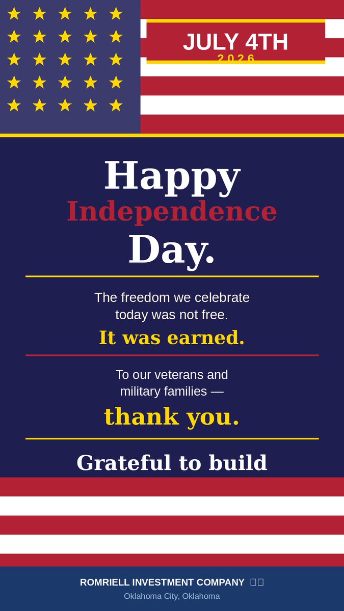 danromriell's tweet photo. Happy 4th of July.
The freedom to build, invest, and own property was paid for by people who gave everything.
We don’t take that lightly at Romriell Investment Company.
Grateful today. Back to real estate tomorrow. 🇺🇸
#July4th #IndependenceDay #ThankYouForYourService https://t.co/cBNTEwSovP
