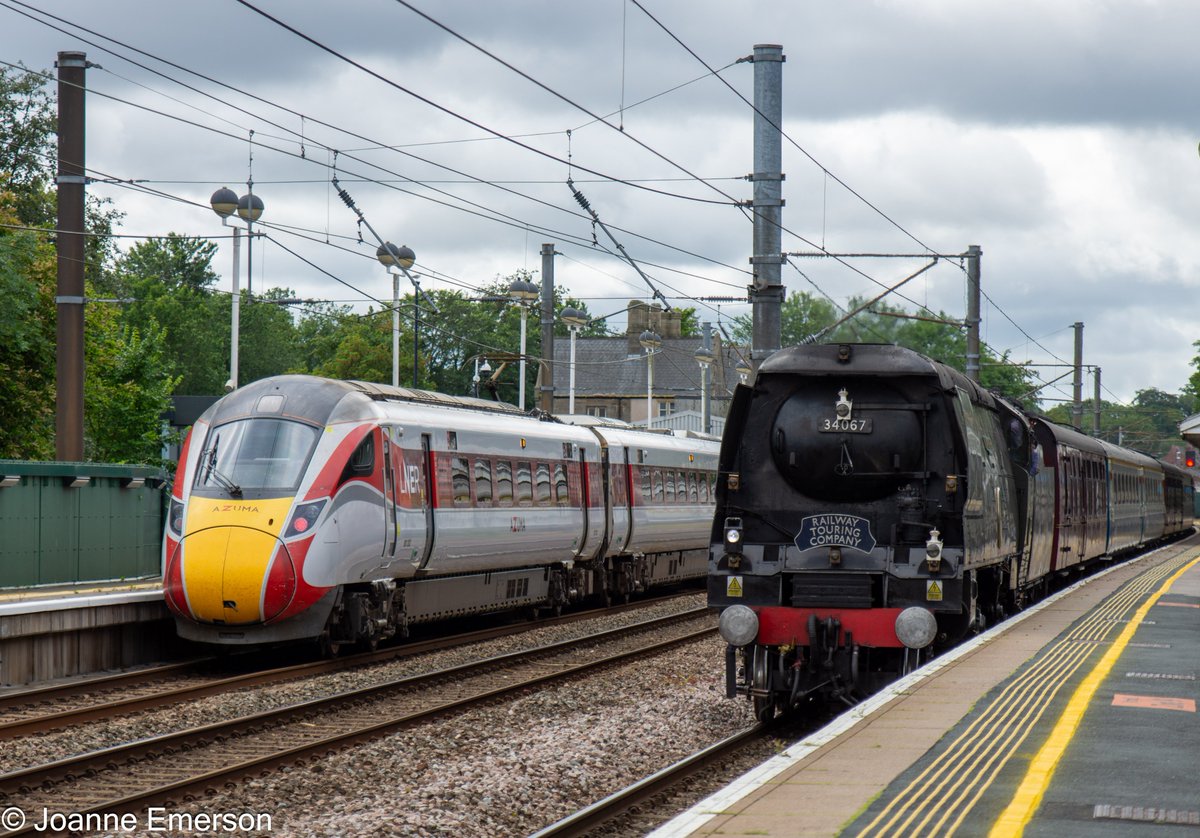 remenos's tweet photo. 34067 Tangmere hauls The Railway Touring Company's The Tynesider railtour through Durham at lunchtime today, as 1Z50 London Kings Cross to Morpeth, Saturday 4 July 2026 #femalerailwayphotographer @railwaytouring https://t.co/07Neh2lnzE