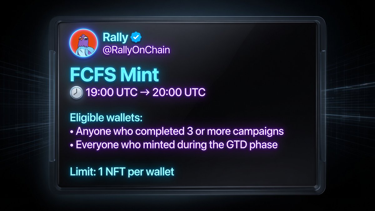 smolwyne's tweet photo. Rally FREE NFT Now for Everyone

@RallyOnChain just announced the Wingston NFT mint details & eligibility 👇

Here are the details for everyone:

• Eligibility

If you joined Rally and completed at least 3 campaigns, you will be eligible for FCFS free mint.

So if you're a new user and don’t have an account on Rally:

🔗 Join: https://t.co/X5EL41L9ul

– Create an account now
– Join at least 3 campaigns
– You have time until Sunday

• Priority Tier

Users who completed 3 campaigns and maintain weekly rank 425
→ Will receive GTD NFT

They can mint before FCFS mint

Extra Access
• NFT collaboration giveaway winners
→ Can also mint before FCFS

• GTD minters
→ May also get a chance to mint 1 FCFS NFT

• Mint Setup

🔗 link: https://t.co/bEhYT1Lpdy

Now you need to link your wallet to mint.

All users who got GTD or completed 3 campaigns for FCFS must connect wallet.

If you linked wallet recently or linking niw,wait till Monday, then You'll eligibility

📅 Mint Date ~ 7th July
– 16:00 UTC → GTD Mint
– 19:00 UTC → FCFS Mint

You only need a small amount of ETH for gas fees.

That’s it. 🫡

Are you eligible for GDT or FCFS, or still trying? 

Like, repost & share 🔥