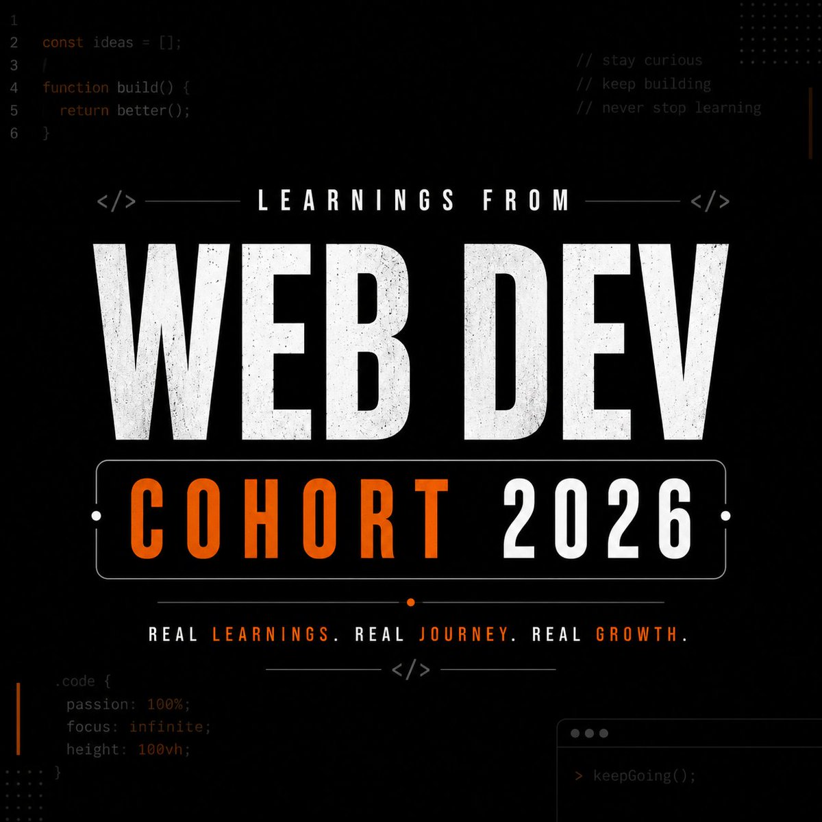 tejasxdev's tweet photo. The cohort has ended 😭.

Learned way more than I expected.

So I'm turning those learnings into a short-video series :- 

"Learnings from Web Dev Cohort 2026"

🎬 EP. 0 - Coming soon.

@Hiteshdotcom @piyushgarg_dev @nirudhuuu @ChaiCodeHQ 

https://t.co/DtjKVSzBi0 https://t.co/Ssel3gp35C