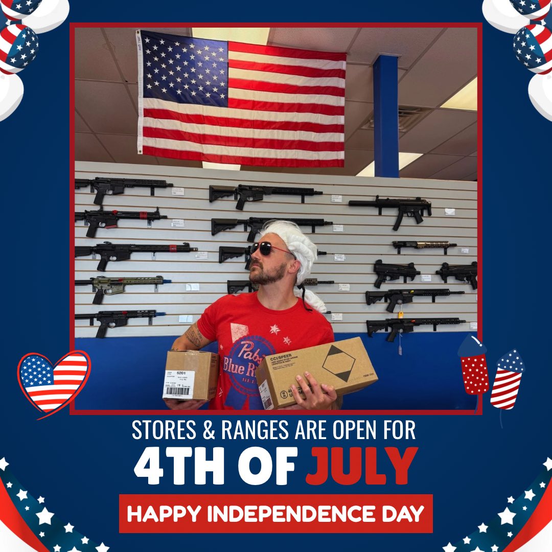 MrGunsOfficial's tweet photo. Happy 4th 🇺🇸💥
Beat the heat and drop by today! 

#MERICA #America250 #4thofjuly #independenceday #weareopen https://t.co/L3Ss47CHQG