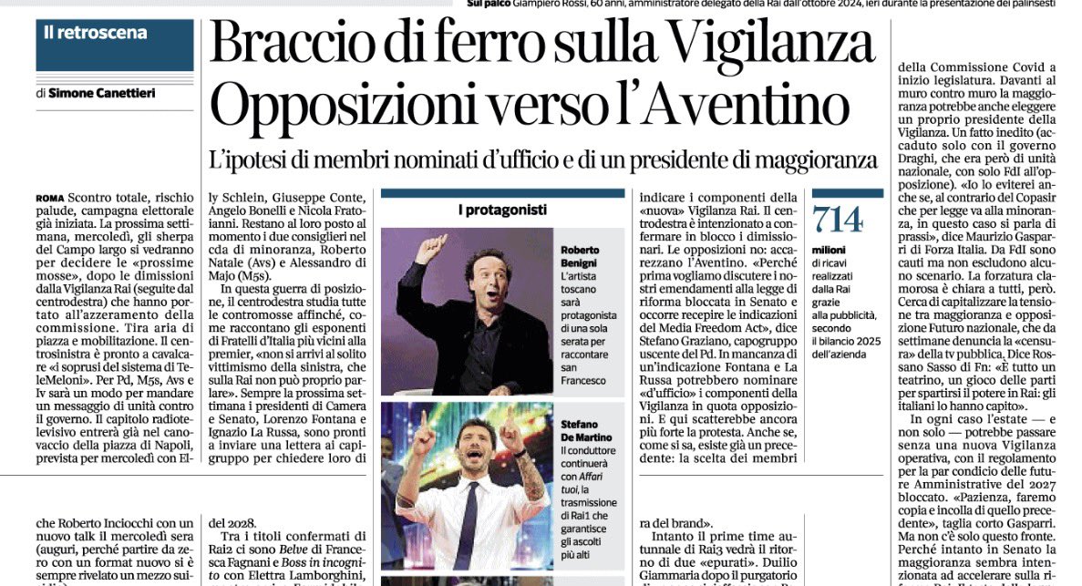 Apndp's tweet photo. E chissenefrega.
Se i partiti rispettassero davvero "il popolo", la commissione parlamentare di vigilanza Rai - un nome da residuato sovietico- non esisterebbe più dal 1995, quando "il popolo" votò in massa al referendum sulla Rai, volendo la sua privatizzazione. 31 anni fa. Ma i partiti -tutti!- fecero finta di niente perché la Rai così com'è fa comodo per usarla a turno come discarica di lottizzati/raccomandati/sopravvalutati "fenomeni" senza curriculum/amanti (uominidonneterogay)/amici/affini e parenti vari/agenti e appaltatori al 10-15%.
In ciò essendo la destra consustanziale alla sinistra, e viceversa.