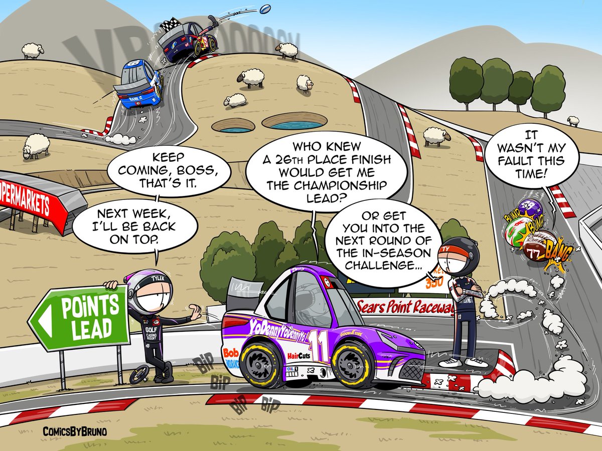 BrunoRafael_46's tweet photo. The one about the @nascar Cup Series race at @RaceSonoma. @shanevg97 wins and @dennyhamlin takes the points lead… for now.

#NASCAR #eero400 #comicsbybruno https://t.co/Ehey19MO5T