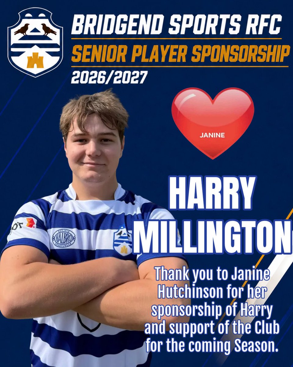 BridgendSports's tweet photo. 📣 PLAYER SPONSOR 2026/2027

We are delighted to announce that Harry Millington will be sponsored by Janine Hutchinson for the 2026/2027 season.

🔵⚪️

#COTS https://t.co/VKdaTmfOKj
