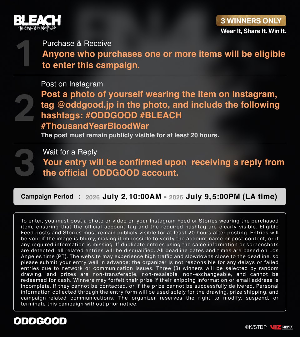 oddgood_jp's tweet photo. 【 ODDGOOD | AX2026 Special Campaign 】
Day 3 is officially live! 🎪 Thank you for the incredible weekend energy. Don't forget you can still enter our exclusive giveaway until July 9th (LA time).

Win 1 of 3 Ichigo T-shirts hand-signed by Masakazu Morita (the official voice of Ichigo Kurosaki).

🔥 Details below!

#ODDGOOD #BLEACH_anime