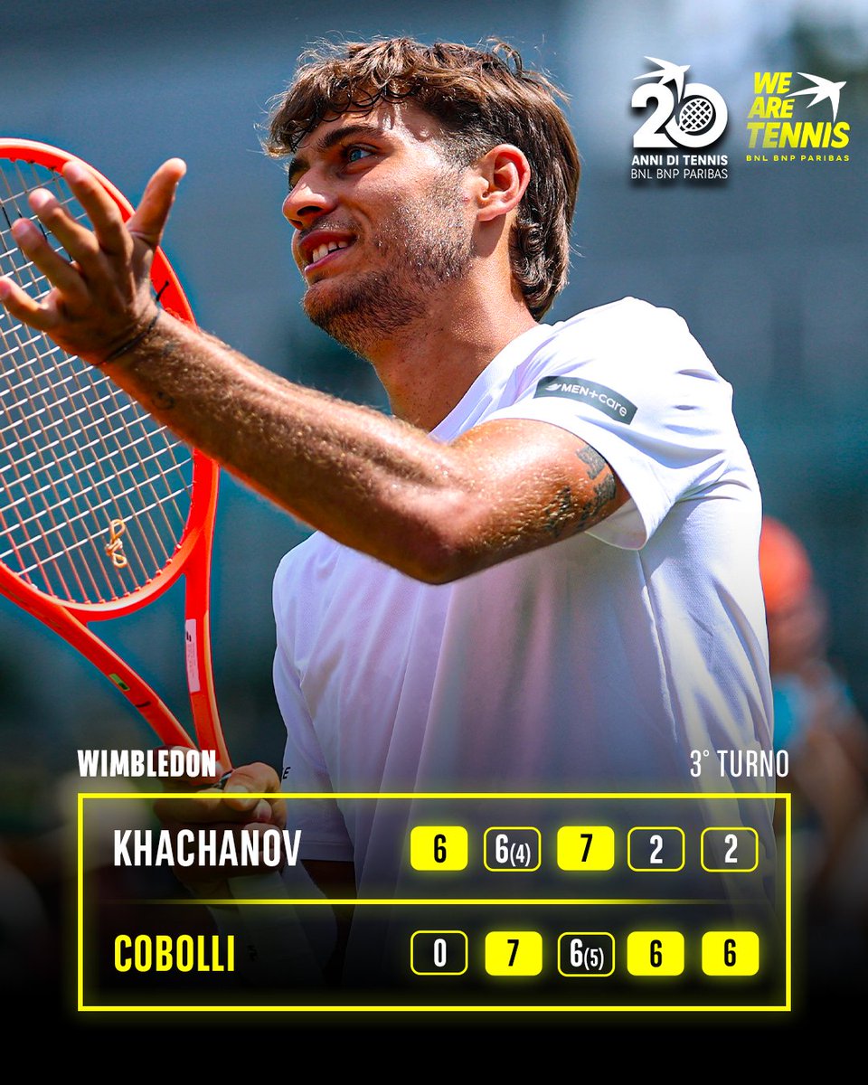 WeAreTennisITA's tweet photo. LA REAZIONE DI COBOLLI 🧠🔥

Un super Cobolli è agli ottavi, vittoria in 5 set contro Khachanov: affronterà De Minaur 🌱

Dopo un bagel nel primo set e un tie-break perso con un doppio fallo, la reazione Flavio si completa in 4 ore 🥵

Che tenacia questo campione ❤️

🎾 #Tennis #Cobolli #Wimbledon #WeAreTennis