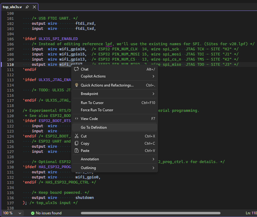 gojimmypi's tweet photo. The #Verilog Language Extension for Visual Studio 2022 and VS 2026 now supports "Go To definition"!

Shown is the wrapper for the ULX3S SPI connection to the onboard ESP32.

Code peek feature coming soon...

I'm not sure what (if anything) I'll do with the "Run to" feature. https://t.co/3UoKWQWp6X