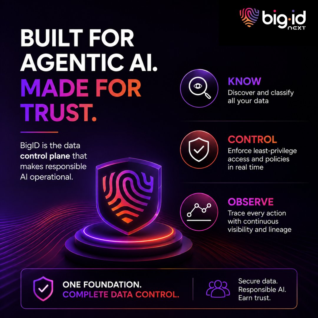 bigidsecure's tweet photo. AI agents are only as responsible as the data they can access. If that data is unknown or ungoverned, AI scales the risk.

BigID gives you the data control plane for Agentic AI so you can:

• Know what AI can access
• Control sensitive data in real time
• Observe every AI action
• Act before risk becomes an incident

See the the difference: https://t.co/nkjTuAtcCG

#AgenticAI #ResponsibleAI #AITrust #DataSecurity #BigID