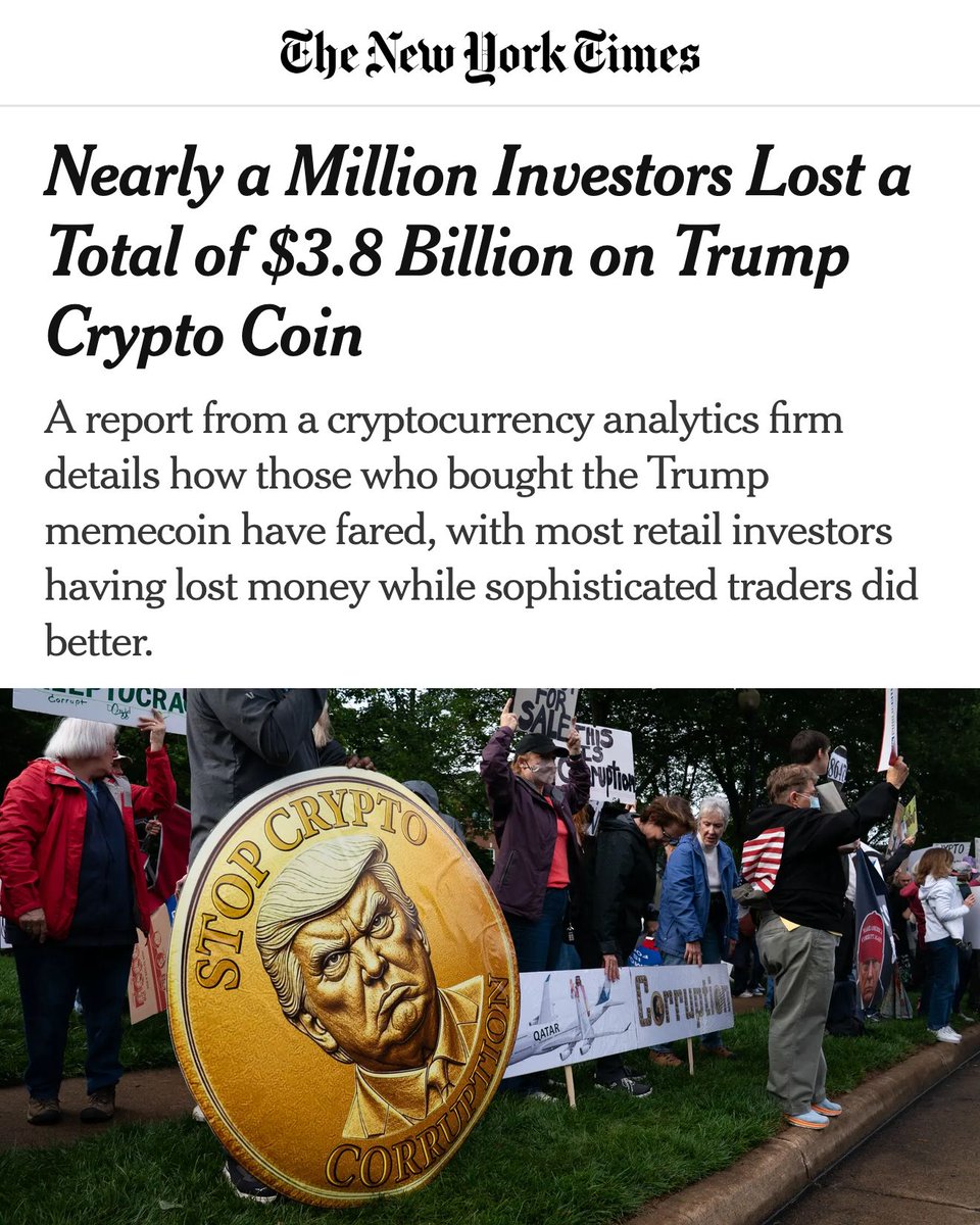 BlueGeorgia's tweet photo. "Three days before his inauguration, Mr. Trump unveiled a second Trump-branded investment — the $TRUMP memecoin. 'It's time to celebrate everything we stand for: WINNING!' Mr. Trump wrote on social media. 'Join my very special Trump community. GET YOUR $TRUMP NOW!' But that turned out to be bad advice."
