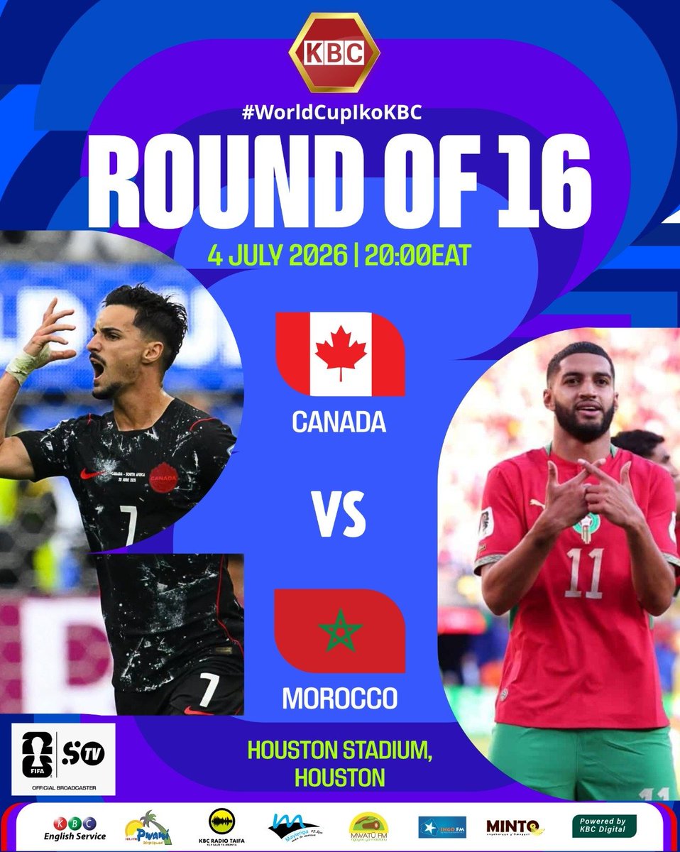 RadioIngo's tweet photo. *Round of 16 | MATCH OF THE DAY*
*Fixture:* Canada 🇨🇦 vs Morocco 🇲🇦
*Date:* 4 July 2026
*Kick-off:* 20:00 EAT
*Venue:* Houston Stadium, Houston
#WorldCupIkoKBC ^DA https://t.co/HLflDL6buy