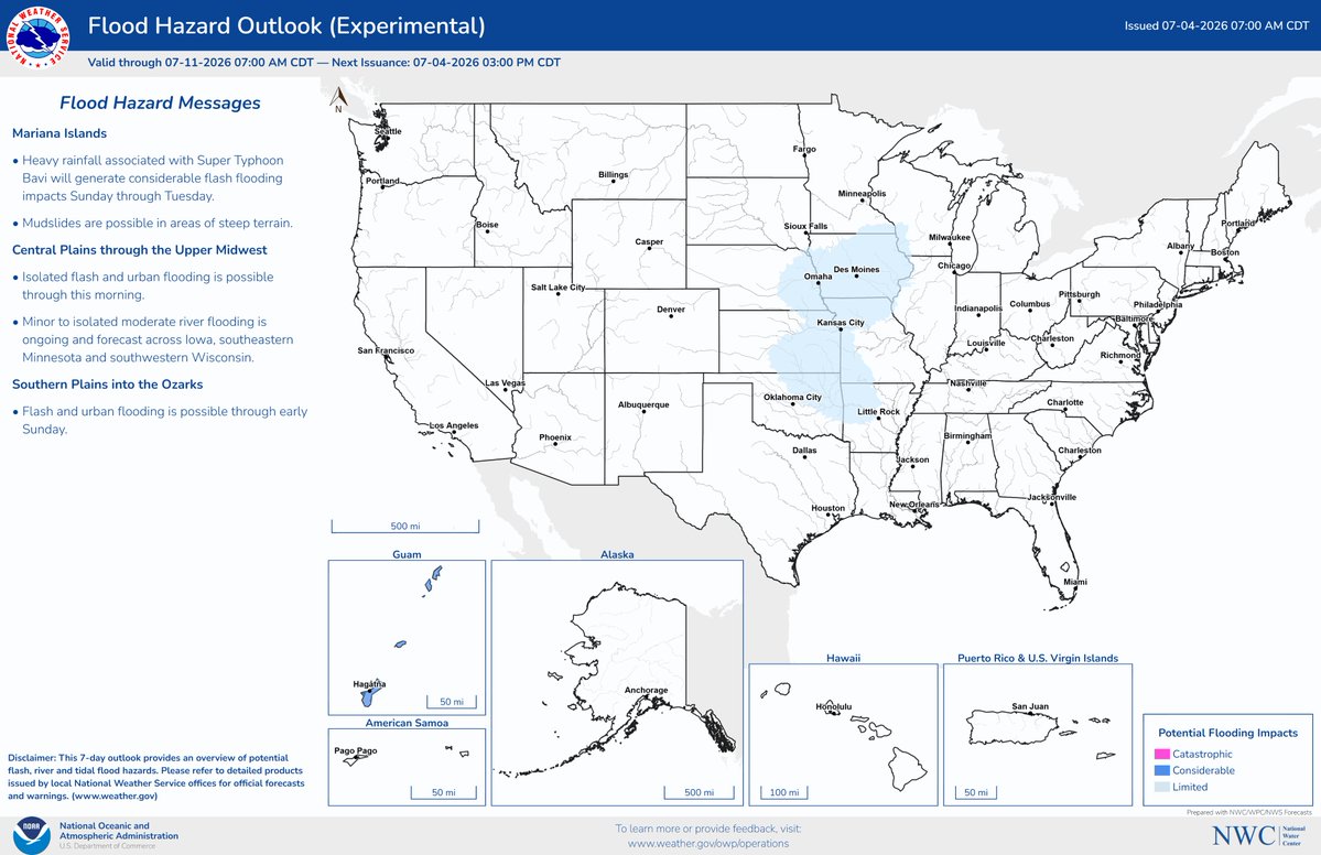 nwsnwc's tweet photo. The National Water Center has issued the morning National Flood Hazard Outlook, valid through 7:00 AM CDT on Saturday, July 11, 2026. More information is available at: https://t.co/xk3nxoAb1D #flooding https://t.co/G3okB5OtcE