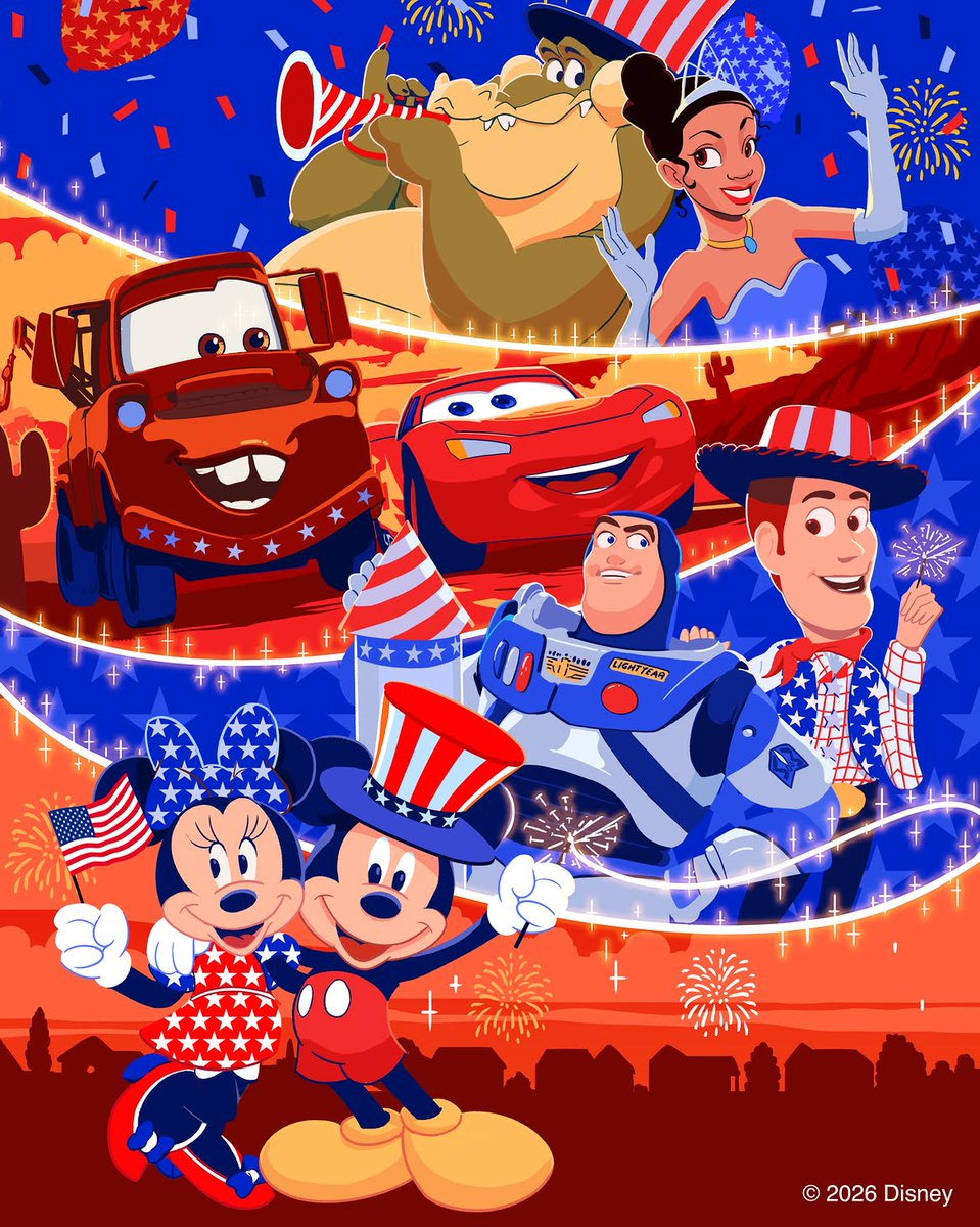 DrewDisneyDude's tweet photo. The Walt Disney Company shared new art by Guy Shield celebrating America’s 250th anniversary! 🇺🇸

“Adding a little extra magic and sparkle to the celebration. ✨ 🎨” https://t.co/BDOTLSLjDE