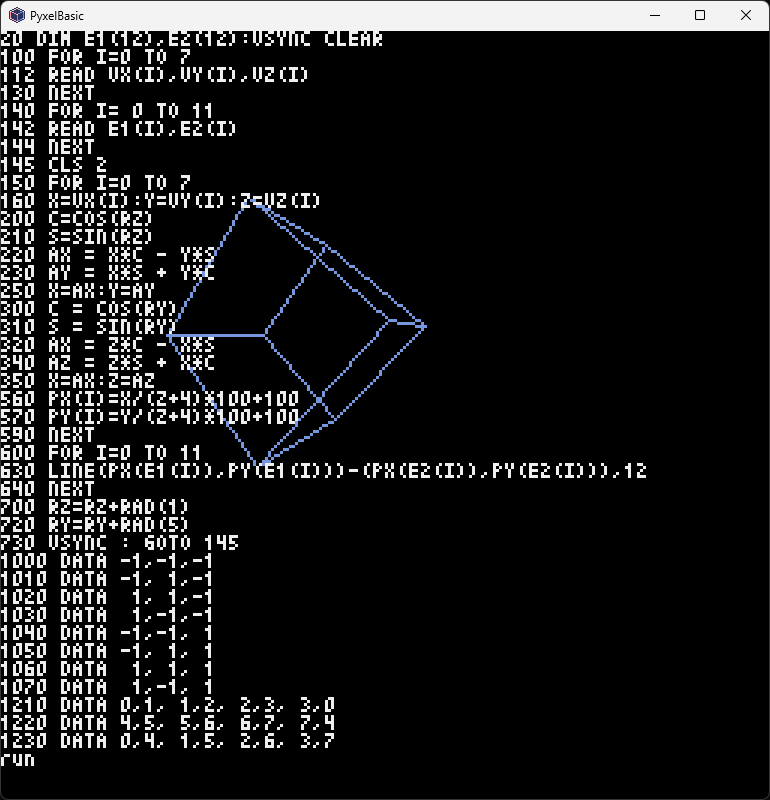 T_take_shi's tweet photo. #PyxelBasic v0.1.6を公開しました。
@haruka_apps さんからPR頂いた三角形描画命令と3Dキューブパズルを含めました。
@yukizokin さんからご提供頂いたワイヤーフレームキューブをサンプルに追加しました。
ありがとうございます！
https://t.co/YdlNyD89jl
#Pyxel #BASIC #個人開発 #buildinpublic https://t.co/diNXopIYiq