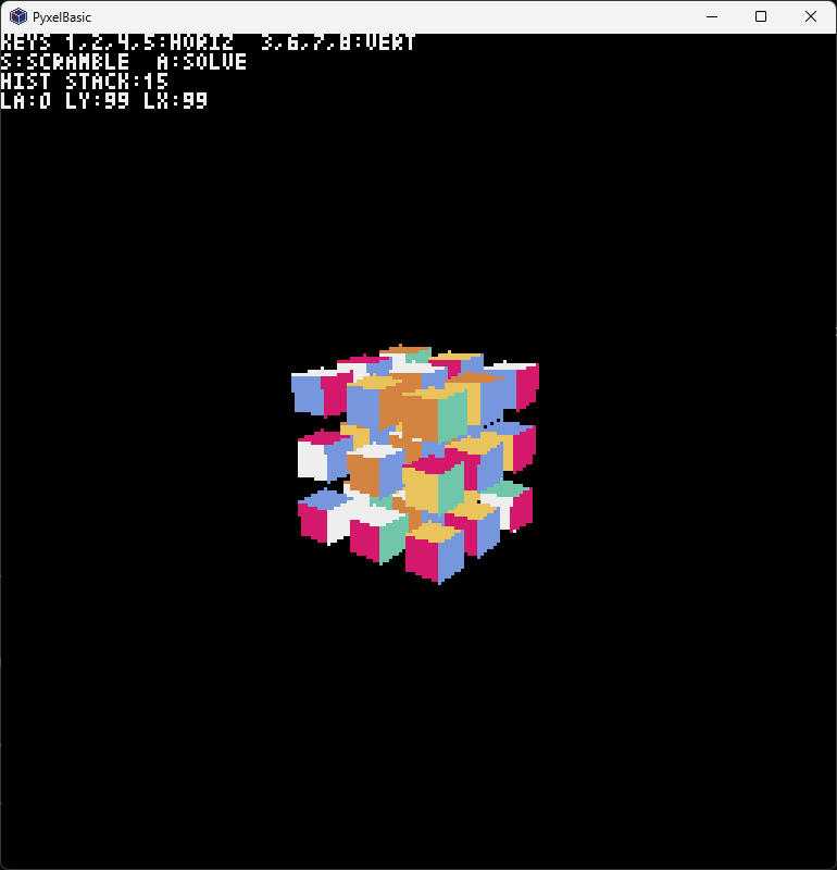 T_take_shi's tweet photo. #PyxelBasic v0.1.6を公開しました。
@haruka_apps さんからPR頂いた三角形描画命令と3Dキューブパズルを含めました。
@yukizokin さんからご提供頂いたワイヤーフレームキューブをサンプルに追加しました。
ありがとうございます！
https://t.co/YdlNyD89jl
#Pyxel #BASIC #個人開発 #buildinpublic https://t.co/diNXopIYiq