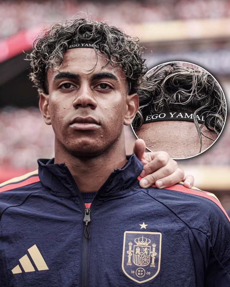 barcacosmos's tweet photo. 🚨 RESPONSE: Lamine Yamal played his last match with "ego Yamal" on his hairband. It’s a direct answer to TikTok trolls calling him "Ego Lamine." Instead of getting upset, his camp confirms he took the nickname with humor and wore it proudly on the pitch during a massive national team game.